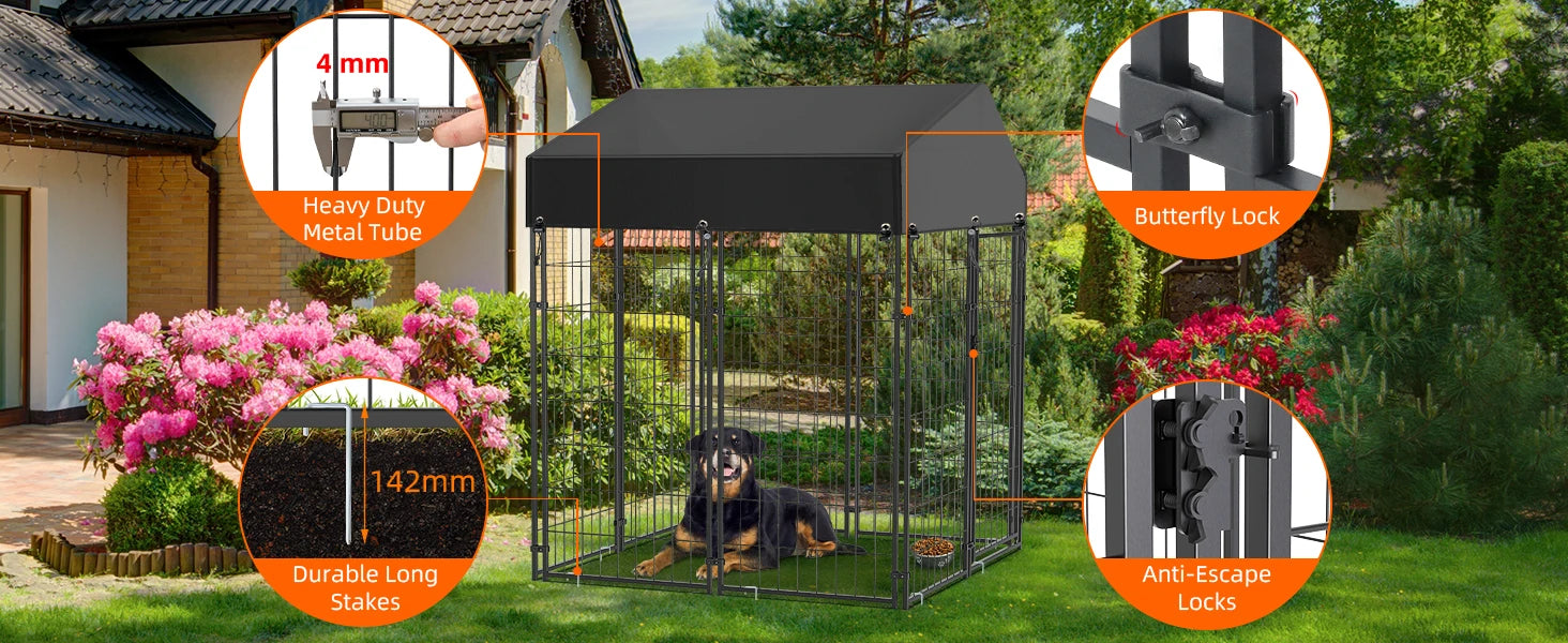 Heavy Duty Large Dog Kennel - Pet Welded Metal Playpen with Roof