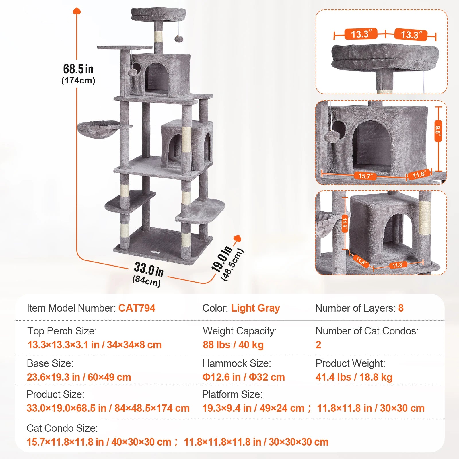SucceBuy Cat Tree for Indoor Cats (45.2") - Condo, Sisal Post, Hammock