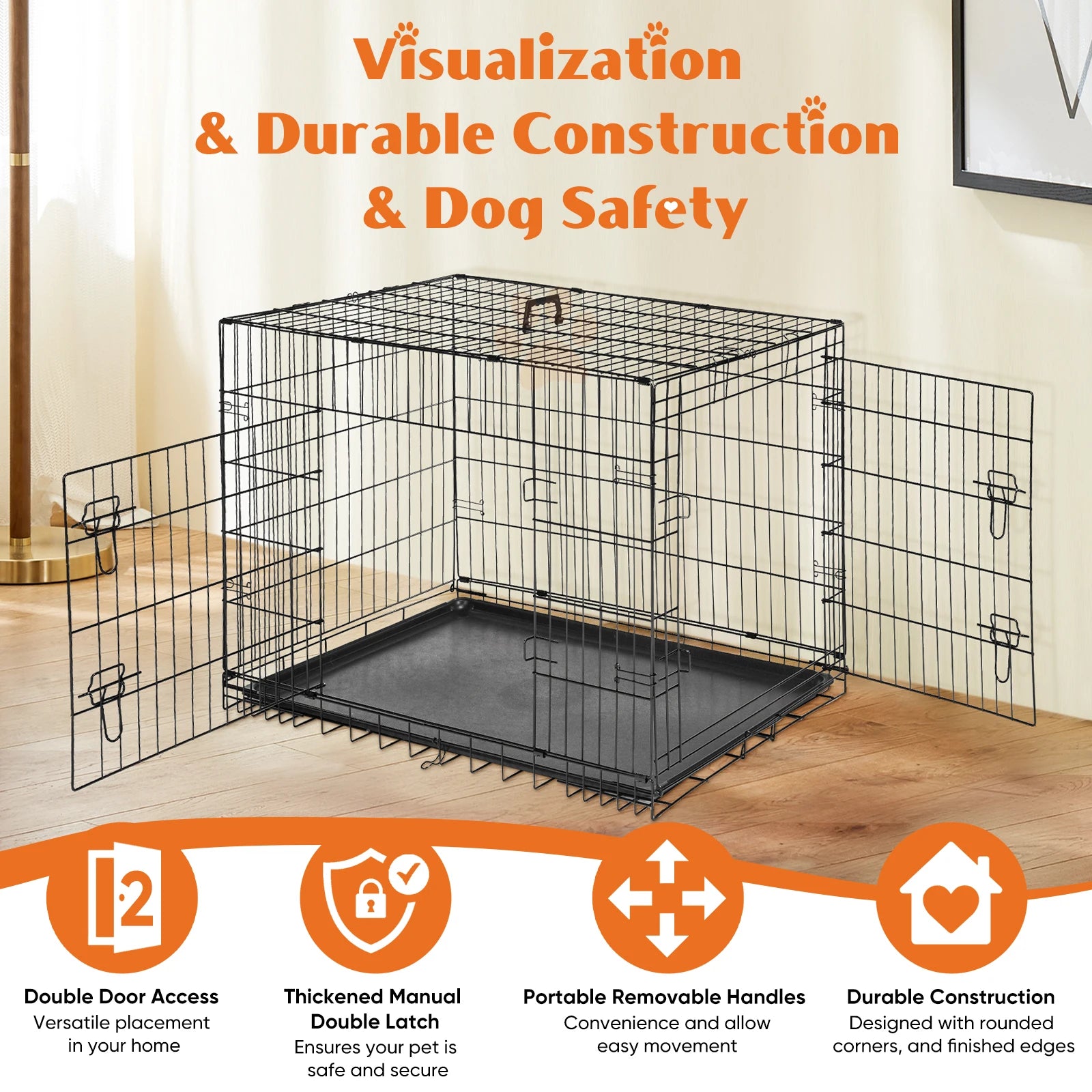 JHK Double Door Folding Metal Dog Cage - Extra Large Pet Kennel