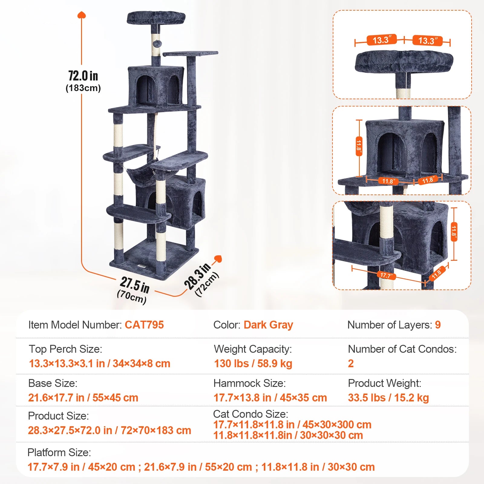 SucceBuy Cat Tree for Indoor Cats (45.2") - Condo, Sisal Post, Hammock