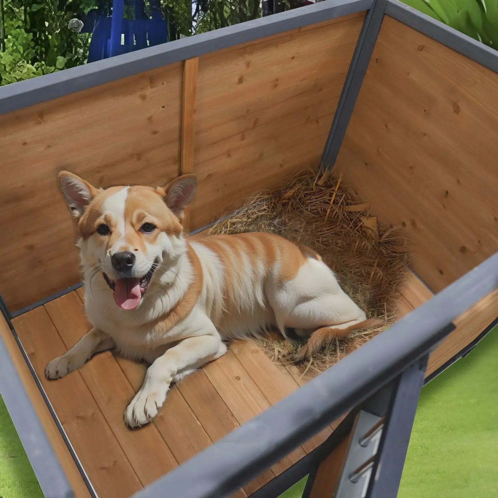 Large 45" Solid Wood Dog House - Waterproof PVC Plastic Roof