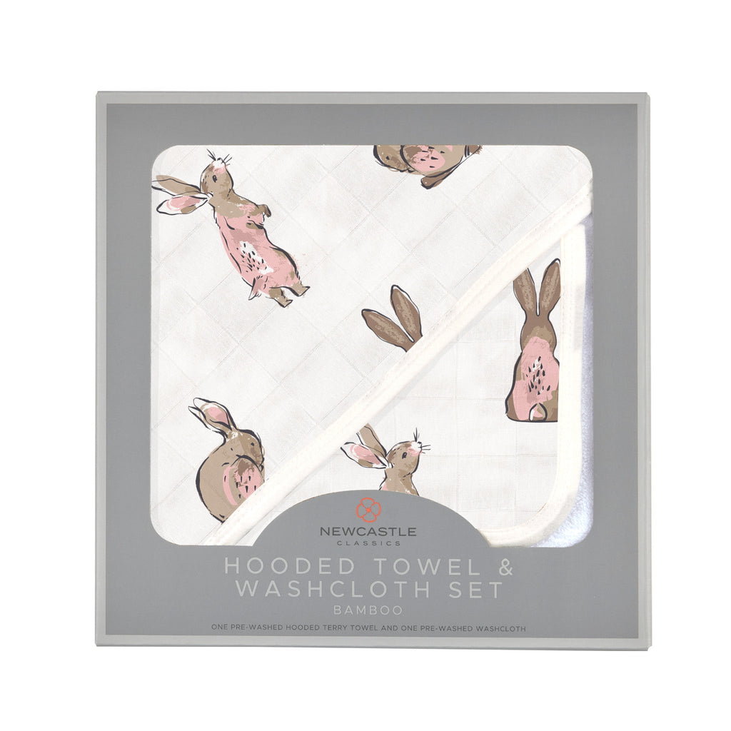 Powder Pink Bunnies Bamboo Hooded Towel - Washcloth Set