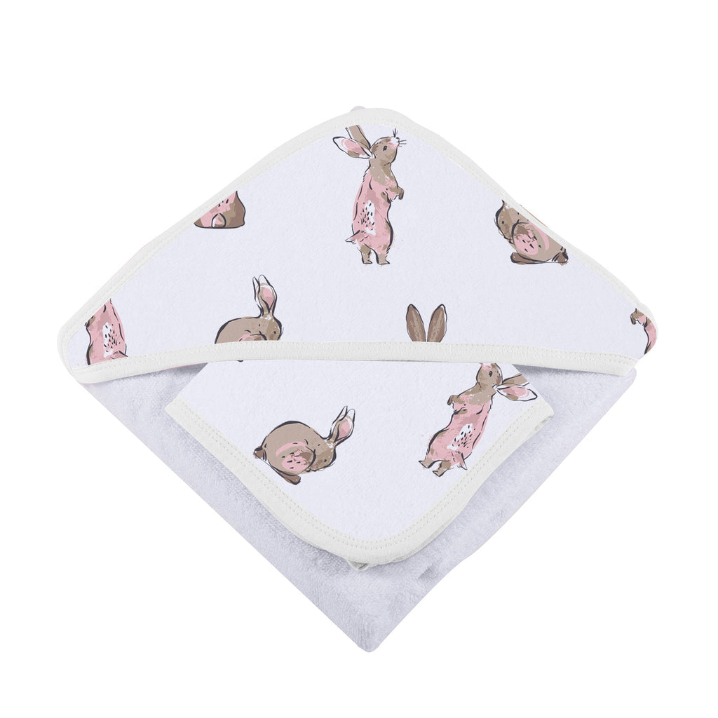 Powder Pink Bunnies Bamboo Hooded Towel - Washcloth Set