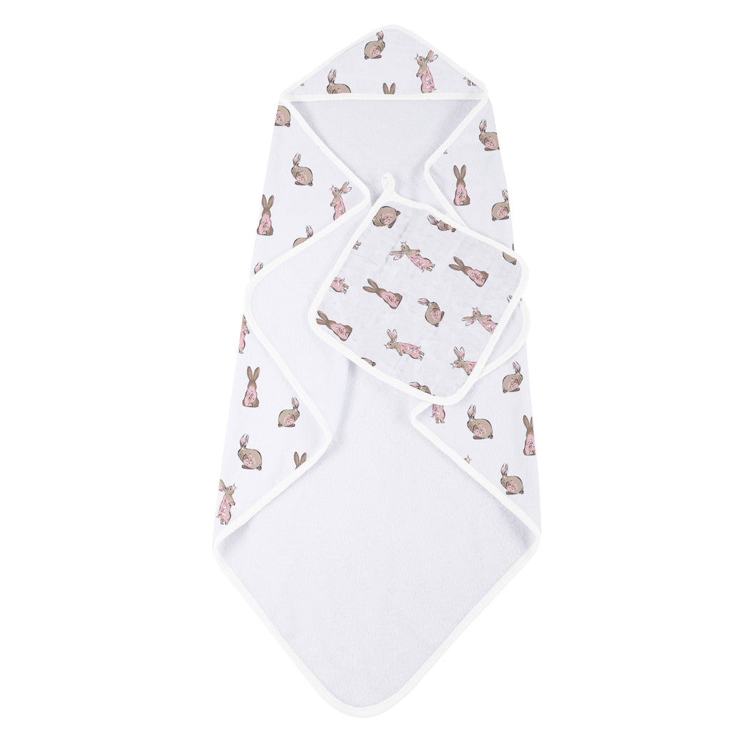 Powder Pink Bunnies Bamboo Hooded Towel - Washcloth Set