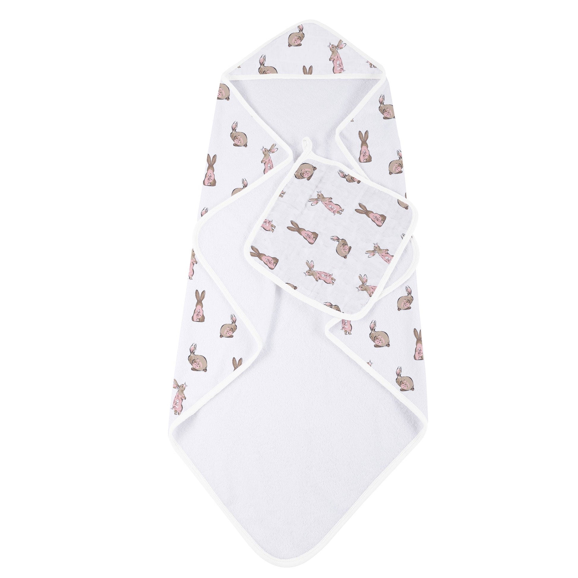 Powder Pink Bunnies Bamboo Hooded Towel - Washcloth Set
