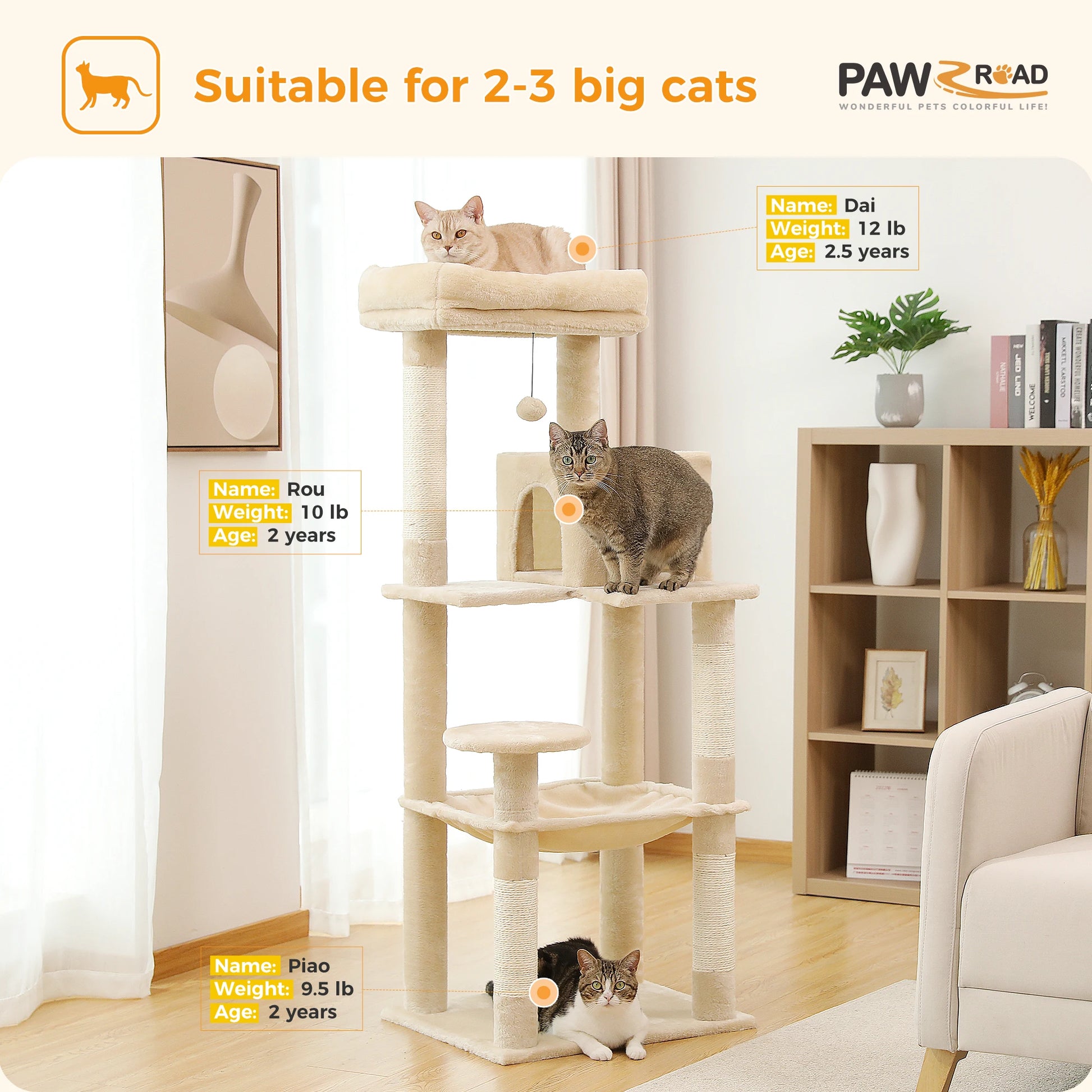 5-Level Cat Tower for Large Cats - Condo, Hammock & Perch