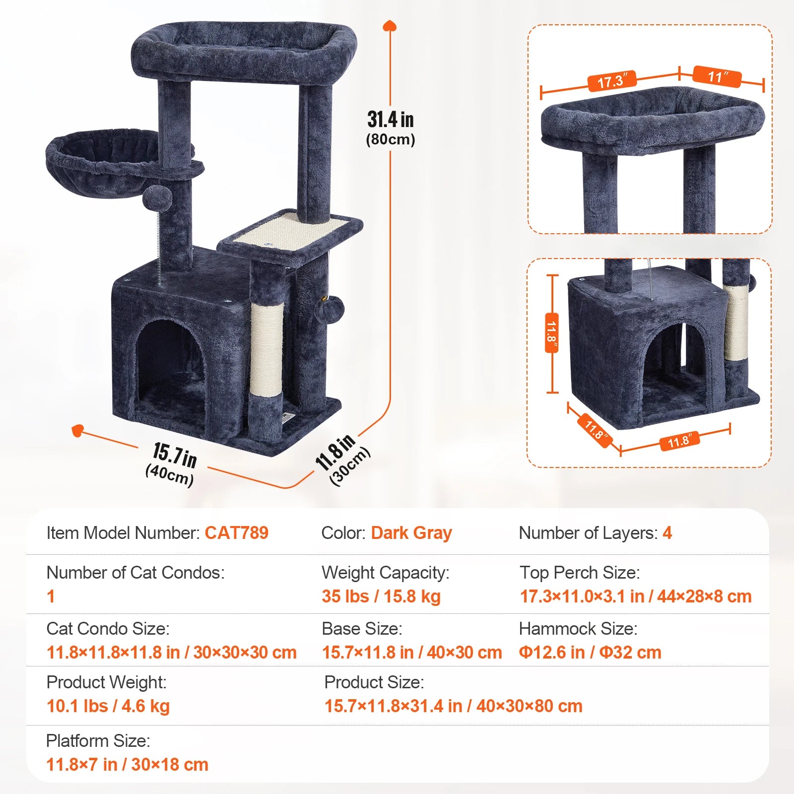 SucceBuy Cat Tree for Indoor Cats (45.2") - Condo, Sisal Post, Hammock