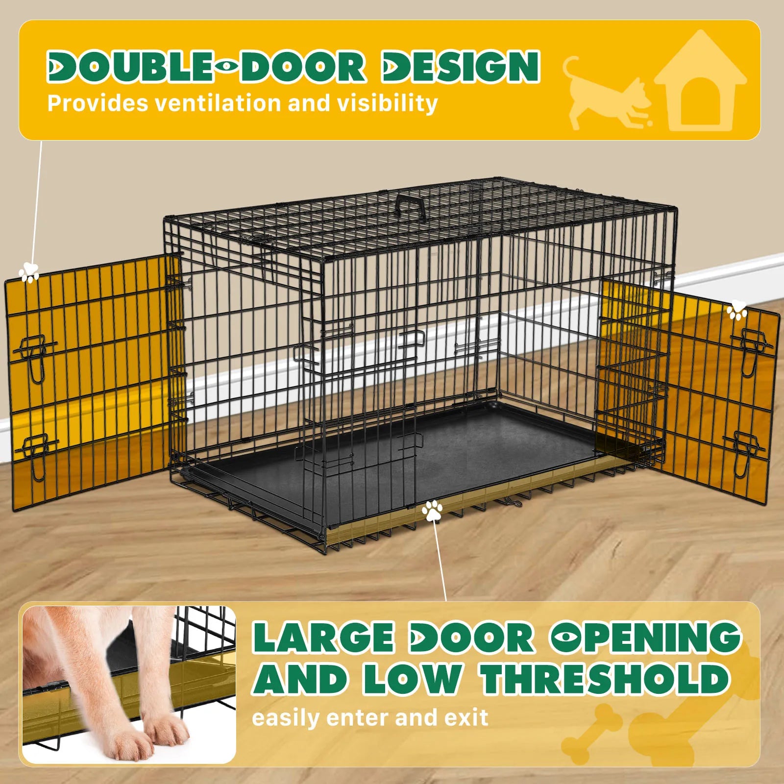 JHK Double Door Folding Metal Dog Cage - Extra Large Pet Kennel
