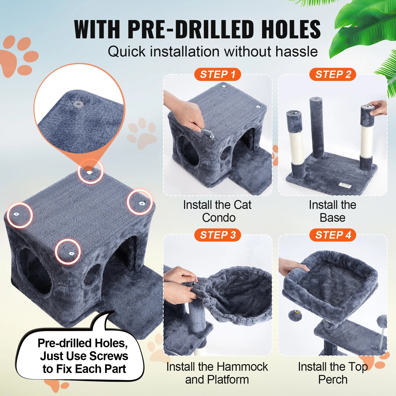 SucceBuy Cat Tree for Indoor Cats (45.2") - Condo, Sisal Post, Hammock