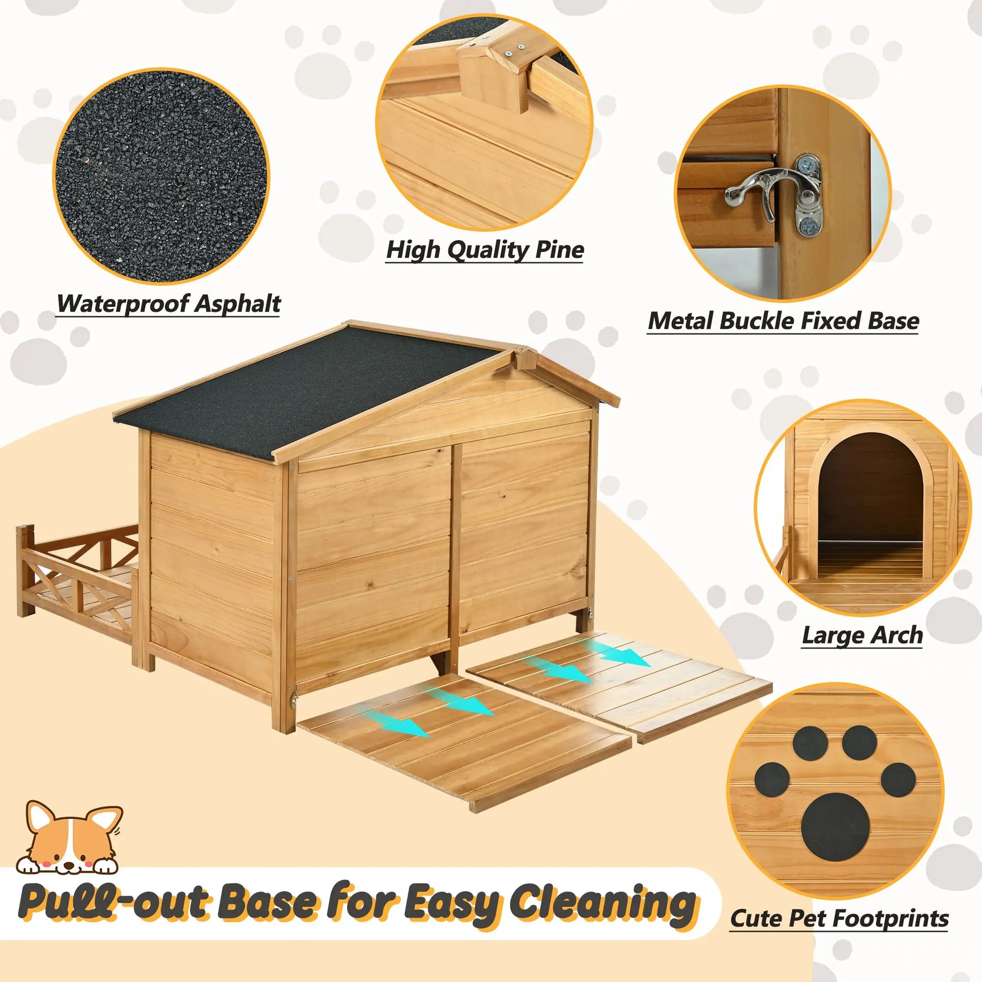 48" Waterproof Wooden Dog House - Asphalt Roof & Fencing