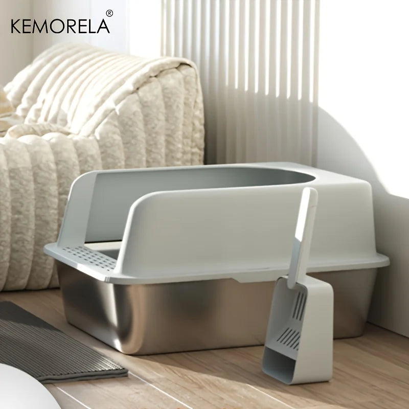 Stainless Steel Litter Box with Litter Mat - High Side for Large Cats