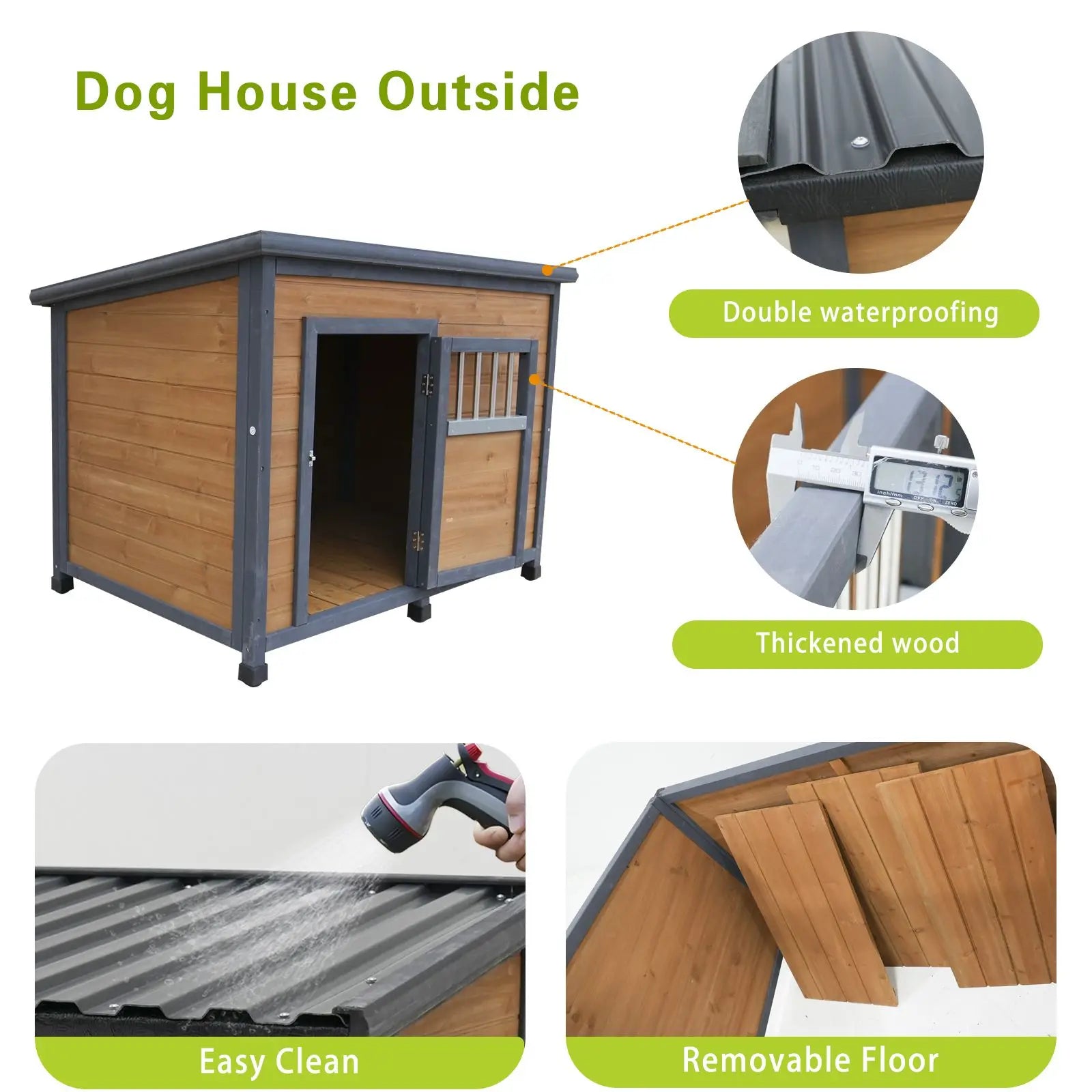 Large 45" Solid Wood Dog House - Waterproof PVC Plastic Roof
