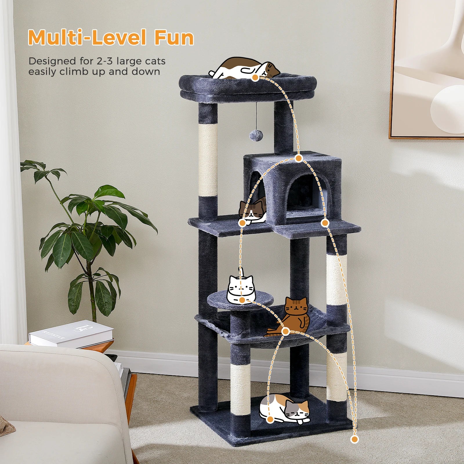 5-Level Cat Tower for Large Cats - Condo, Hammock & Perch