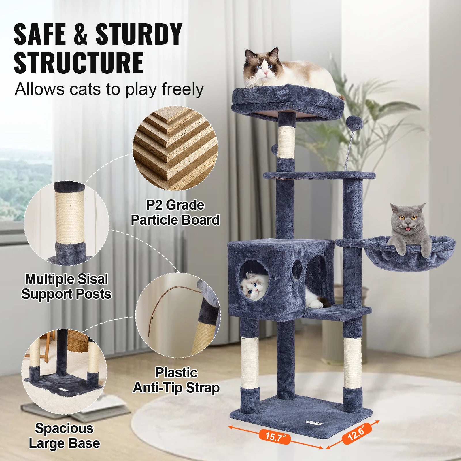 SucceBuy Cat Tree for Indoor Cats (45.2") - Condo, Sisal Post, Hammock