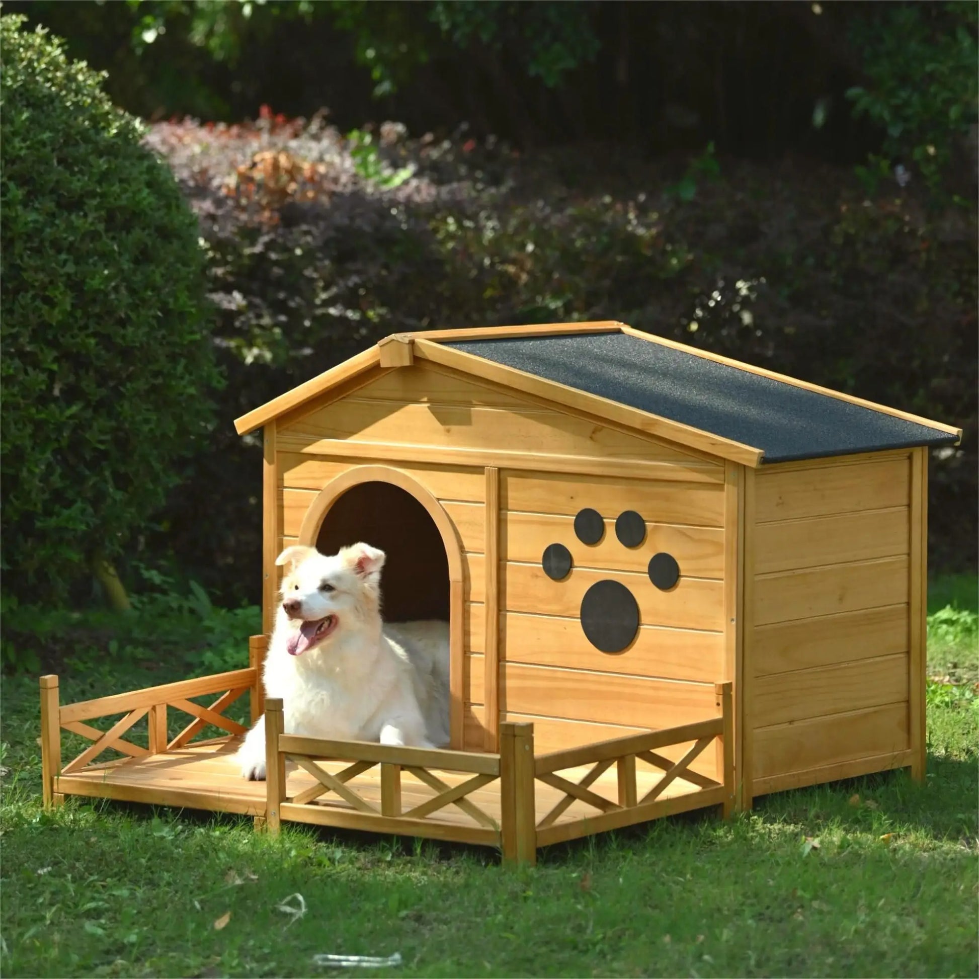 48" Waterproof Wooden Dog House - Asphalt Roof & Fencing