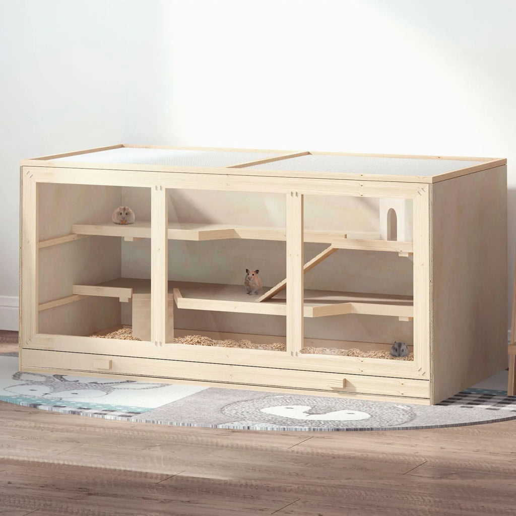 3-Tier Wooden Hamster Cage - Opening Roof, Ramps & Big Habitat