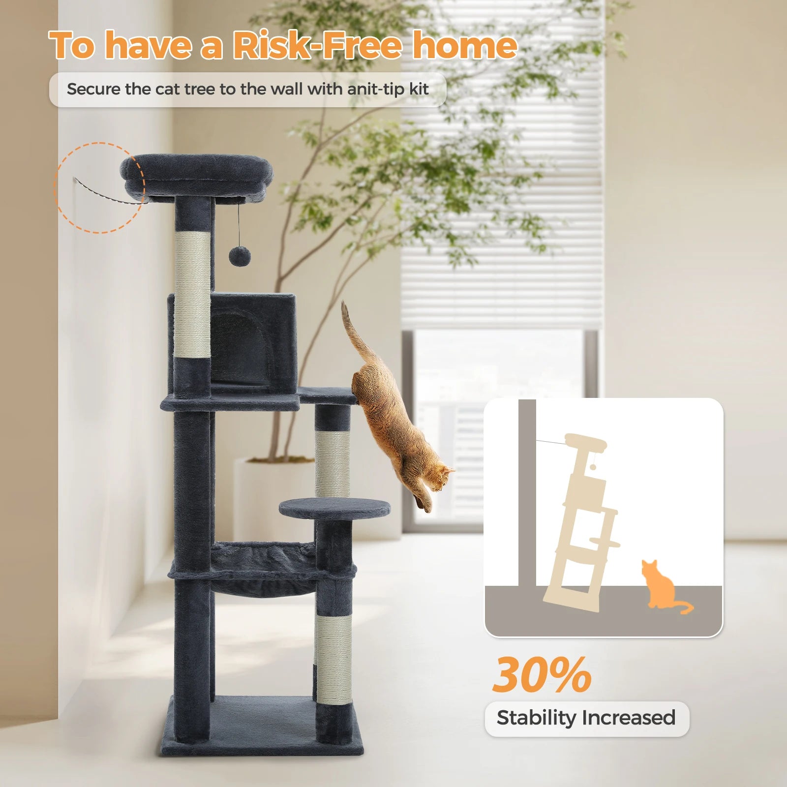 5-Level Cat Tower for Large Cats - Condo, Hammock & Perch