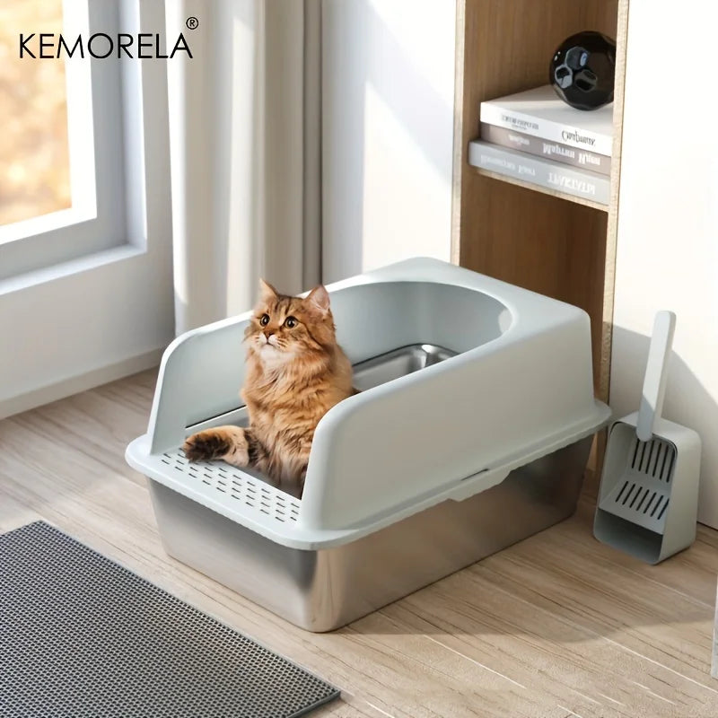 Stainless Steel Litter Box with Litter Mat - High Side for Large Cats
