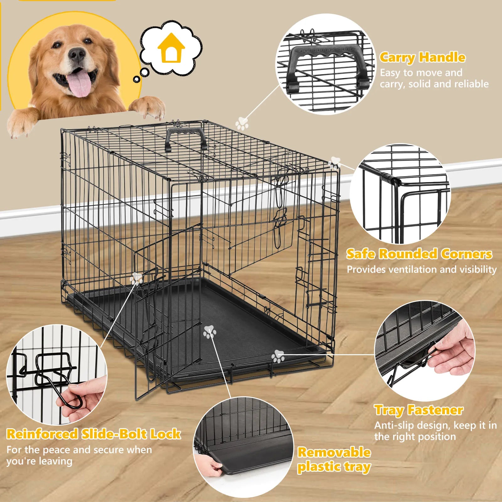 JHK Double Door Folding Metal Dog Cage - Extra Large Pet Kennel