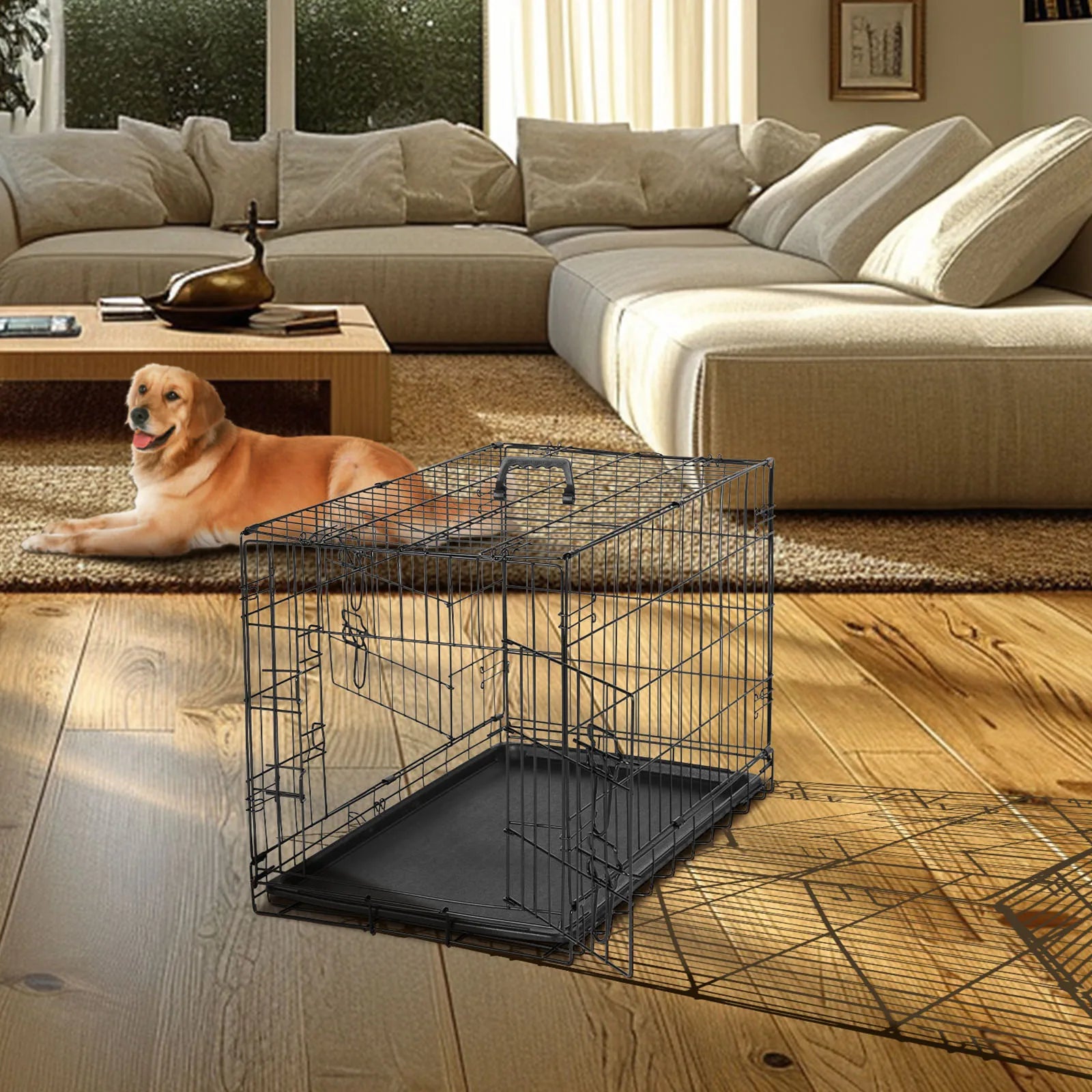 JHK Double Door Folding Metal Dog Cage - Extra Large Pet Kennel